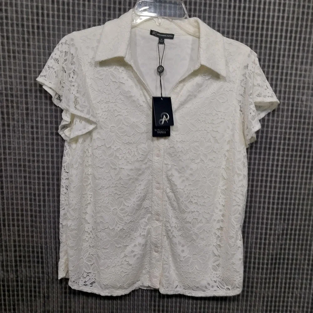 Adrianna Papell Womens Blouse Floral Lace Flutter Sleeve M Ivory AD1S303204